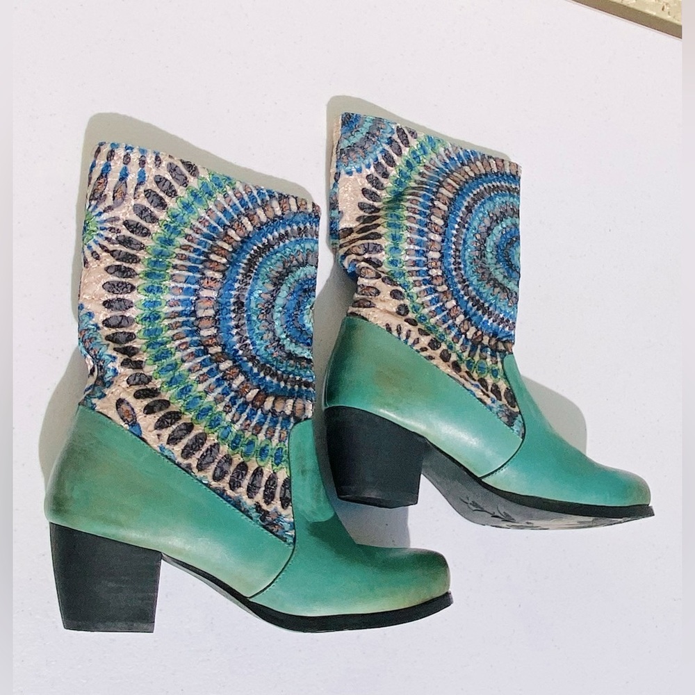 Peruvian distressed leather cowboy boots with fabric upper, size 38